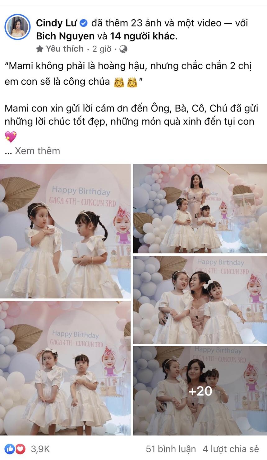 Bài viết mới nhất của Cindy Lư, khoe khoảnh khắc trong sinh nhật của 2 cô con gái thu hút sự chú ý của cư dân mạng