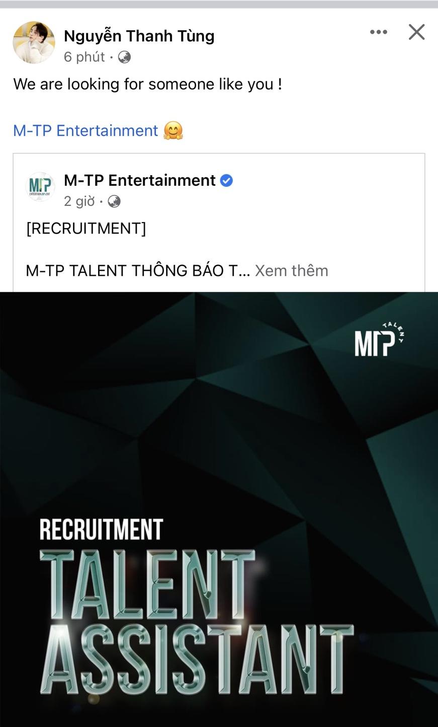 Mới đây, Chủ tịch của M-TP Entertainment đã đích thân chia sẻ bài viết tuyển nhân sự