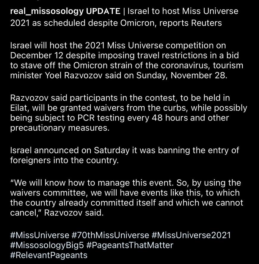Thông báo của trang Missosology cách đây ít phút về việc Israel tổ chức Miss Uiverse giữa tình hình Covid-19 đang có những diễn biến mới
