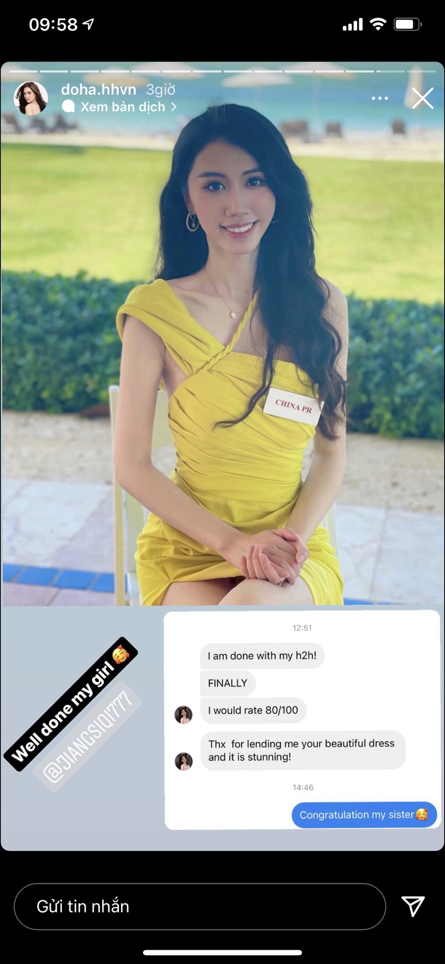 Hoa hậu Trung Quốc trong chiếc váy vàng nổi bật được Đỗ Thị Hà cho mượn để tham dự phần thi Head to Head Challenge