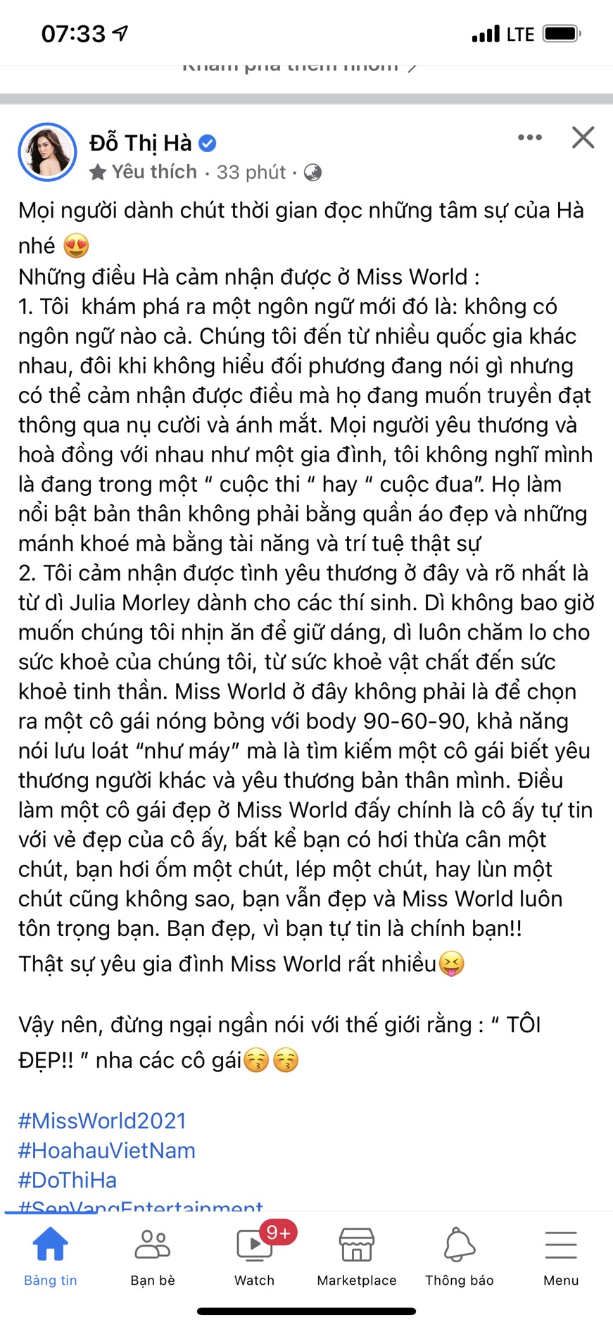 Bài viết dài được Hoa hậu Đỗ Thị Hà đăng tải cách đây ít giờ
