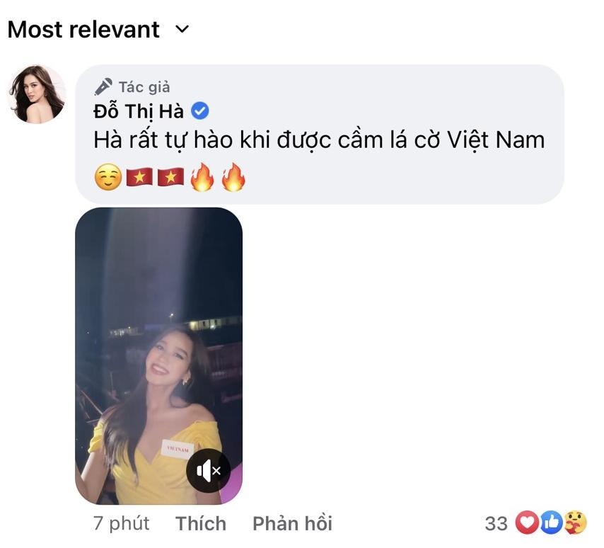 Dưới phần bình luận, cô cũng bày tỏ sự tự hào khi được cầm lá cờ Việt Nam tham gia hoạt động của Miss World