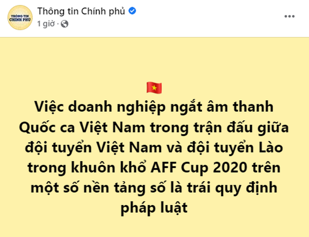Trang Thông tin Chính phủ xác nhận việc ngắt âm thanh Quốc ca Việt Nam trong trận đấu Việt Nam - Lào là trái quy định pháp luật