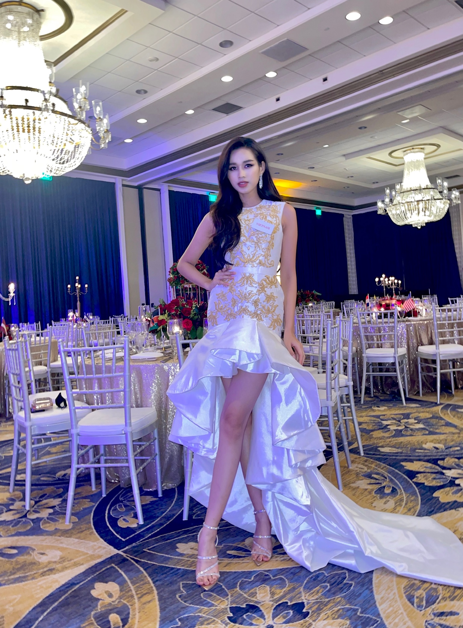 Hoa hậu Đỗ Thị Hà diện trang phục lấy cảm hứng từ logo của Miss World trong sự kiện từ thiện vừa được diễn ra