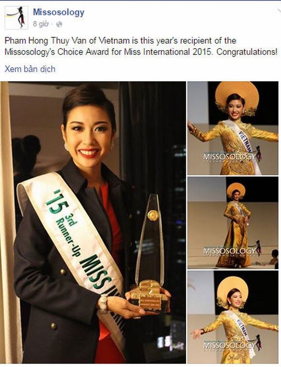 Câu trả lời 'nuốt mic' của Thúy Vân không chỉ giúp cô đạt danh hiệu Á hậu 3 Miss International 2015 mà còn được Missosology đánh giá là phần thuyết trình hay nhất năm đó