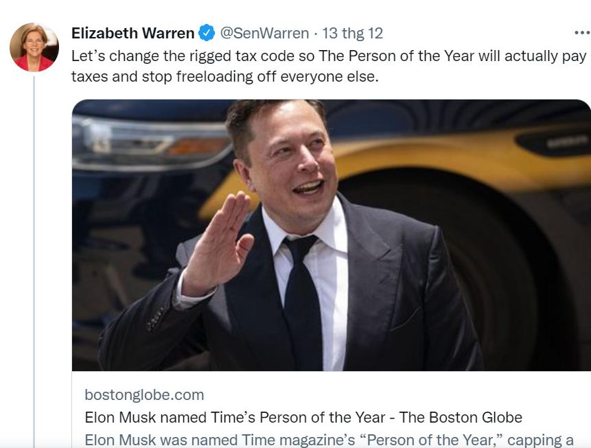 Trước đó, bà Elizabeth Warren đã nhắm thẳng đến tỷ phú Elon Musk khi ông được Time vinh danh là Nhân vật của năm