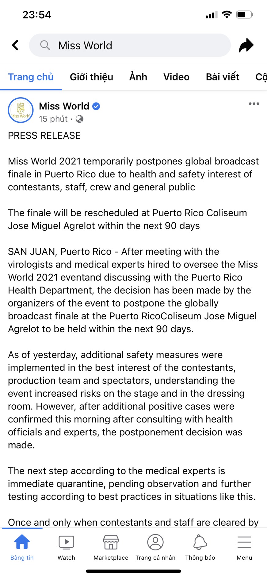 Bài viết mà ban tổ chức Miss World thông báo tạm hoãn Chung kết ngay trước giờ G