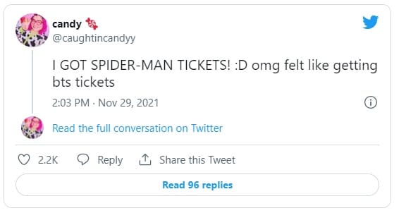 Dòng tweet của khán giả, so sánh cảm giác mua được vé xem phim 'Spider Man: No Way Hoem' như mua được vé xem concert của BTS