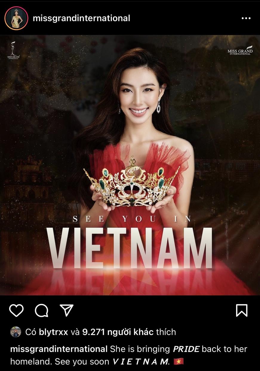 Trang chủ của Miss Grand International cũng thông báo việc Thùy Tiên về nước