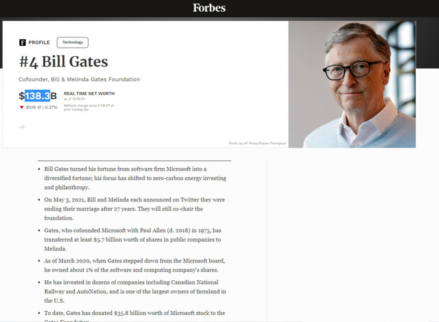 Tỷ phú Bill Gates vẫn giữ vững vị trí thứ 4 trong danh sách được Forbes đưa ra