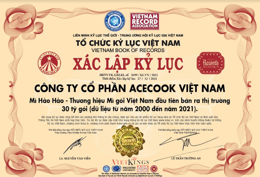Thương hiệu mì Hảo Hảo được xác lập kỷ lục là thương hiệu mì gói Việt Nam đầu tiên bán ra thị trường 30 tỷ gói mì