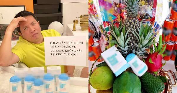 Ông xã Đoàn Di Băng trang trí mâm ngũ quả với nước rửa phụ khoa