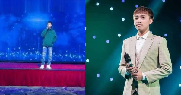 Hồ Văn Cường ăn mặc tuềnh toàng, bỏ tay túi áo khi đứng hát trên sân khấu