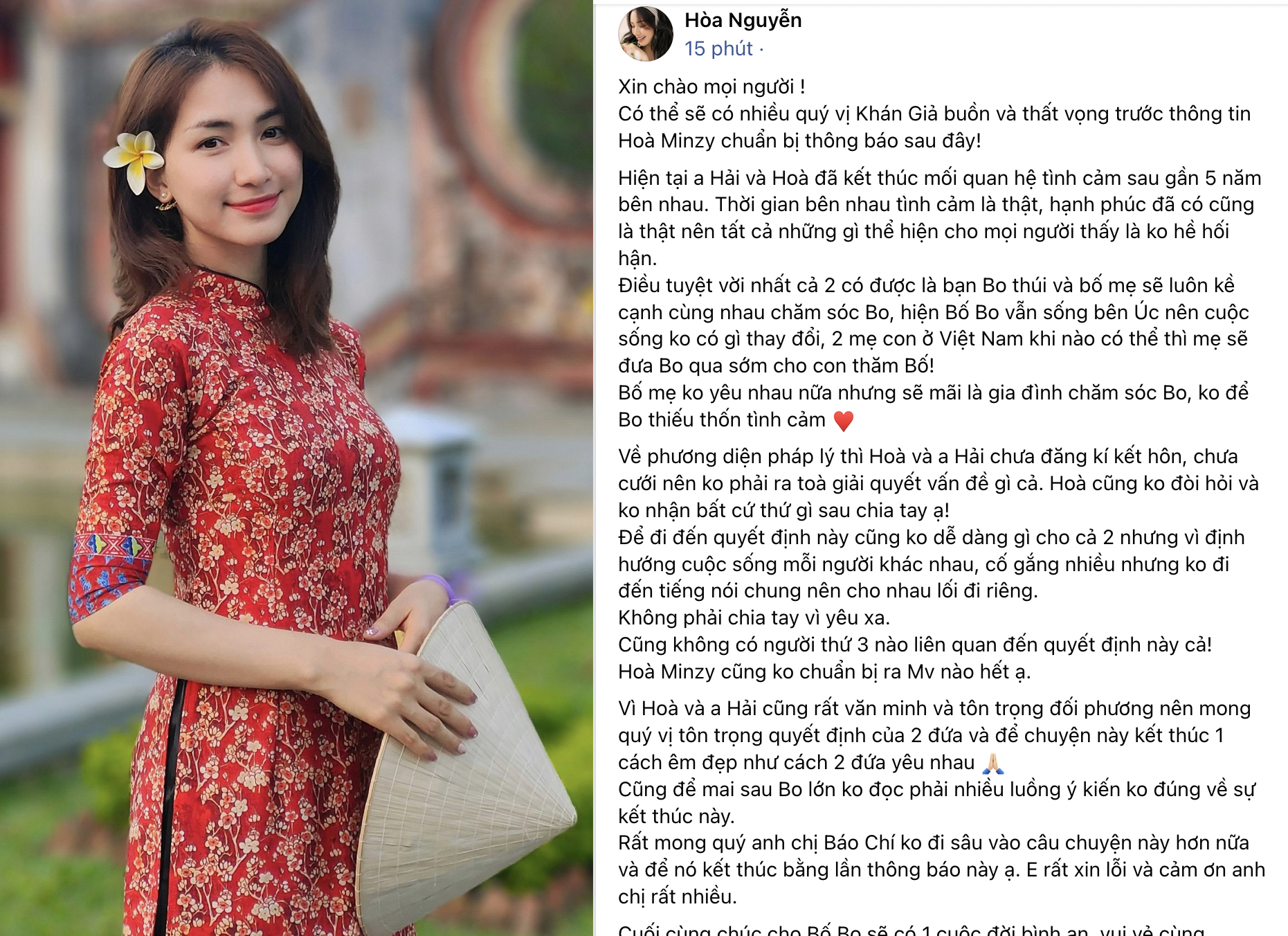 Bài viết mà Hòa Minzy đăng tải, xác nhận việc chia tay bạn trai thiếu gia trước đó