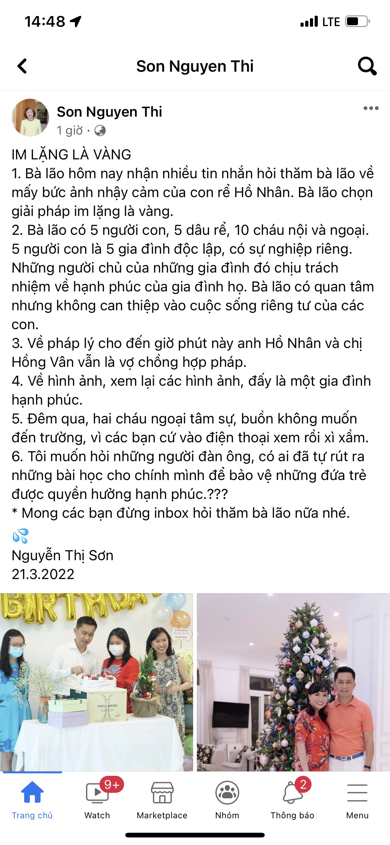 Bài viết được bà Nguyễn Thị Sơn đăng tải trên trang cá nhân cách đây ít giờ.
