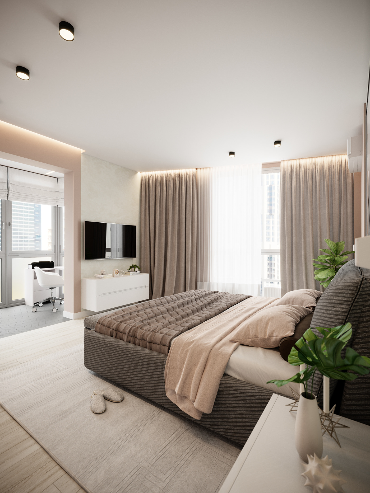 Phòng không quá lớn nên bố trí một kệ ti vi nhỏ treo tường. Phòng không quá lớn nên bố trí một kệ ti vi nhỏ treo tường.