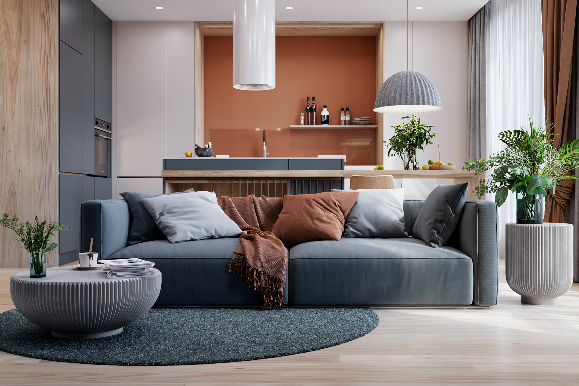 Phòng khách được bài trí gọn gàng, sang trọng với điểm nhấn là sofa màu tím than. Phòng khách được bài trí gọn gàng, sang trọng với điểm nhấn là sofa màu tím than.