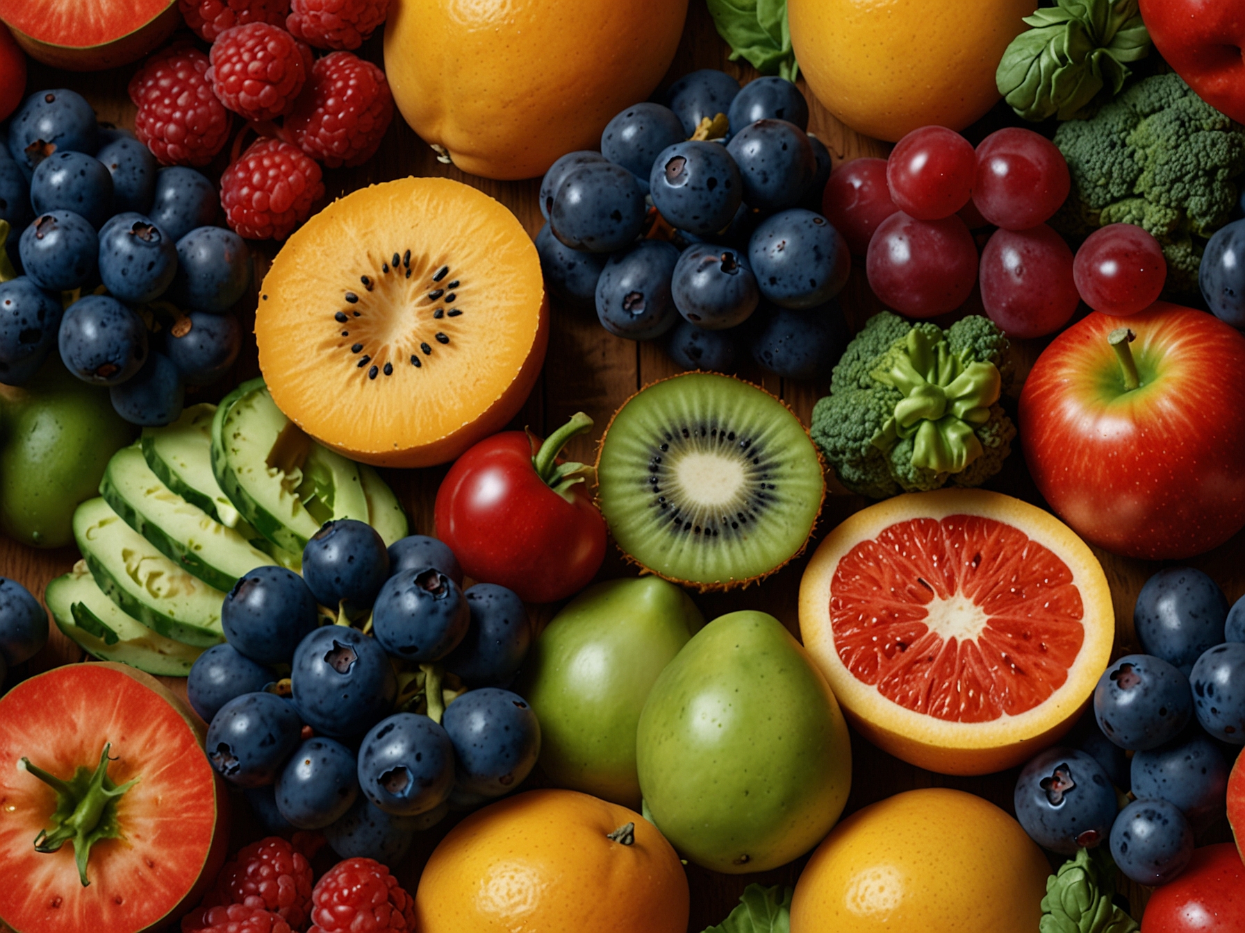 An array of fresh fruits and vegetables rich in antioxidants and vitamins displayed on a wooden table, illustrating the critical role of a healthy diet in maintaining glowing skin.