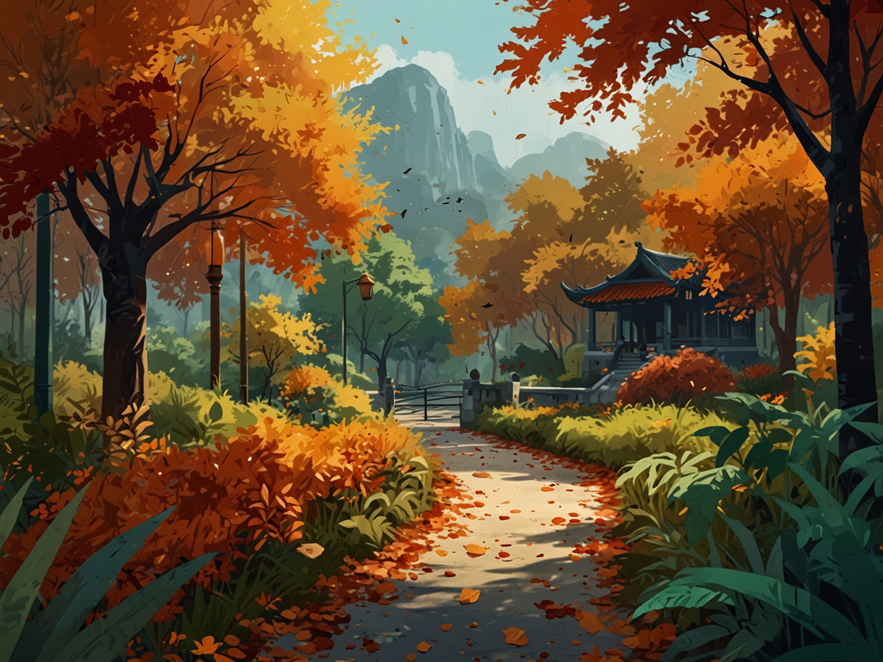 An autumn scene in Vietnam, with a gentle breeze swirling colorful leaves, highlighting a calming environment that symbolizes transition and renewal after summer.