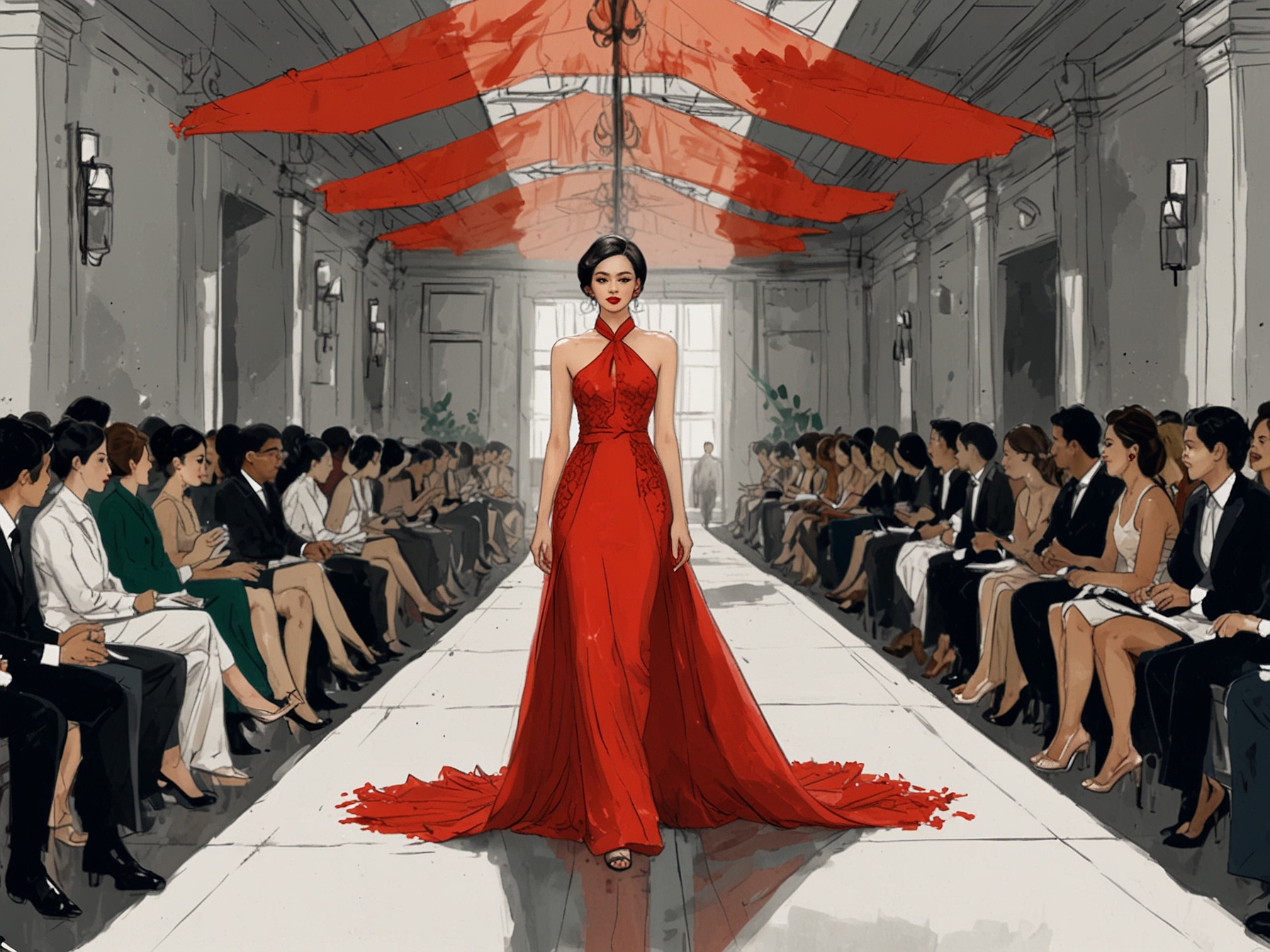 Models elegantly strutting down a long runway, wearing Minh Hằng's uniquely designed office and evening gowns, blending traditional Vietnamese elements with modern sophistication.