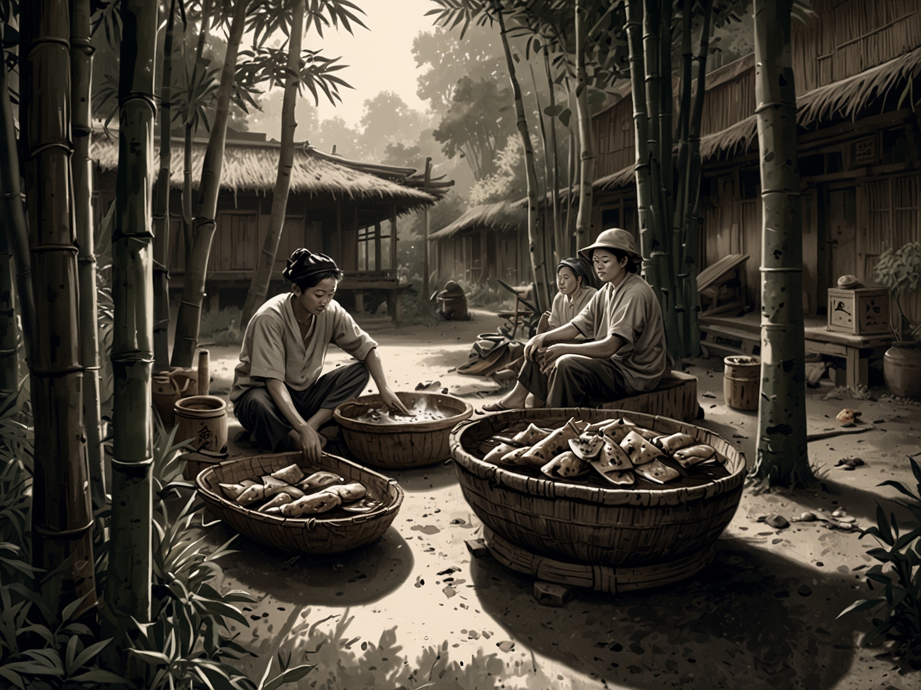 A simple yet delicious village meal under a bamboo grove, with traditional dishes like braised fish, boiled morning glory, and spiced tofu, evoking a sense of nostalgia.