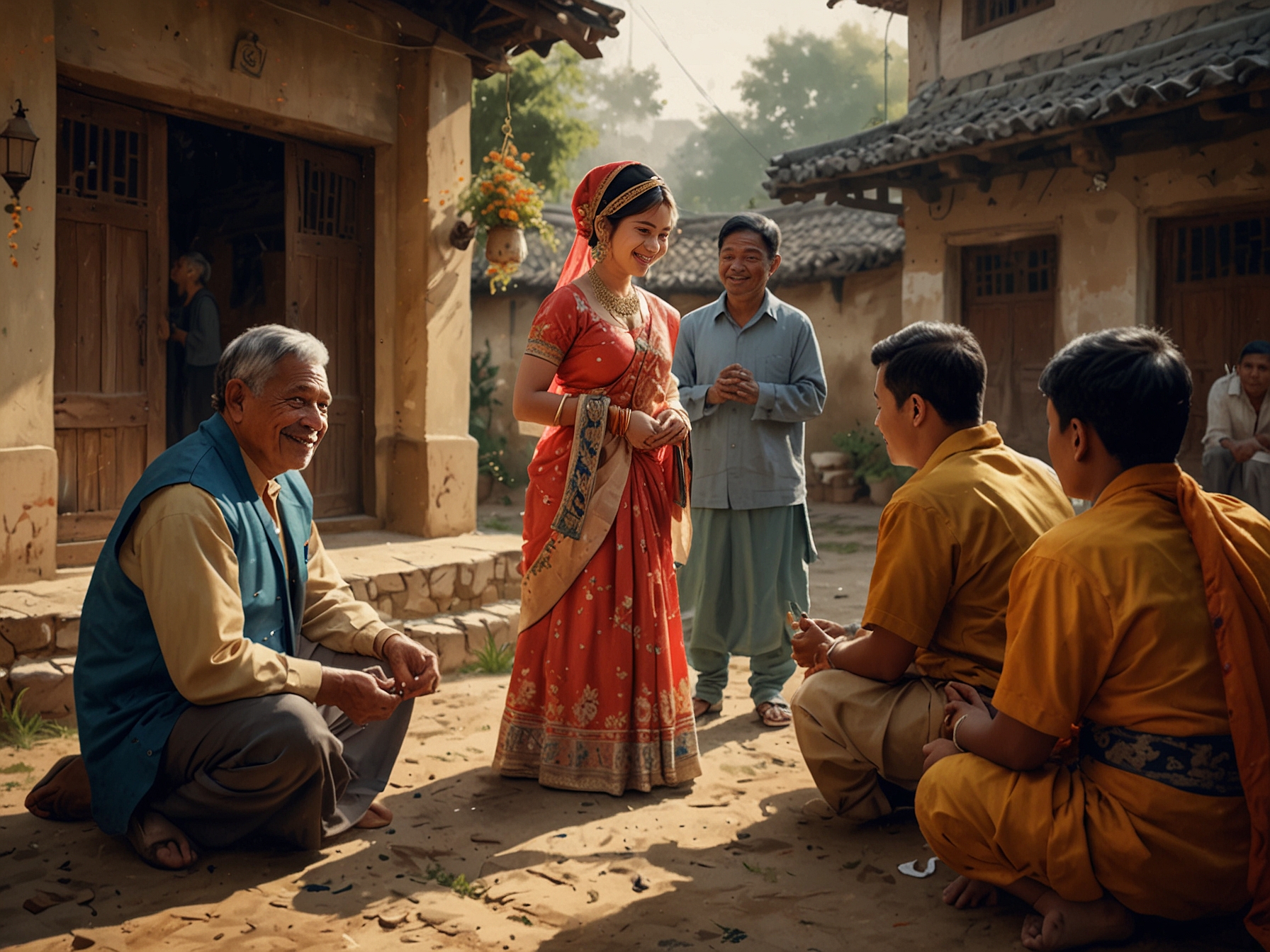 A traditional rural wedding in a village courtyard, showcasing villagers in simple attire gathered around a couple receiving blessings, exuding warmth and heartfelt connection.