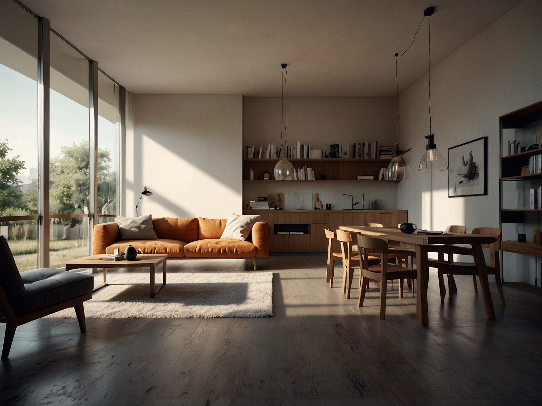 An interior shot of a minimalist home with recycled furniture, reflecting the eco-friendly and simple living approach embraced by urban residents in modern life.