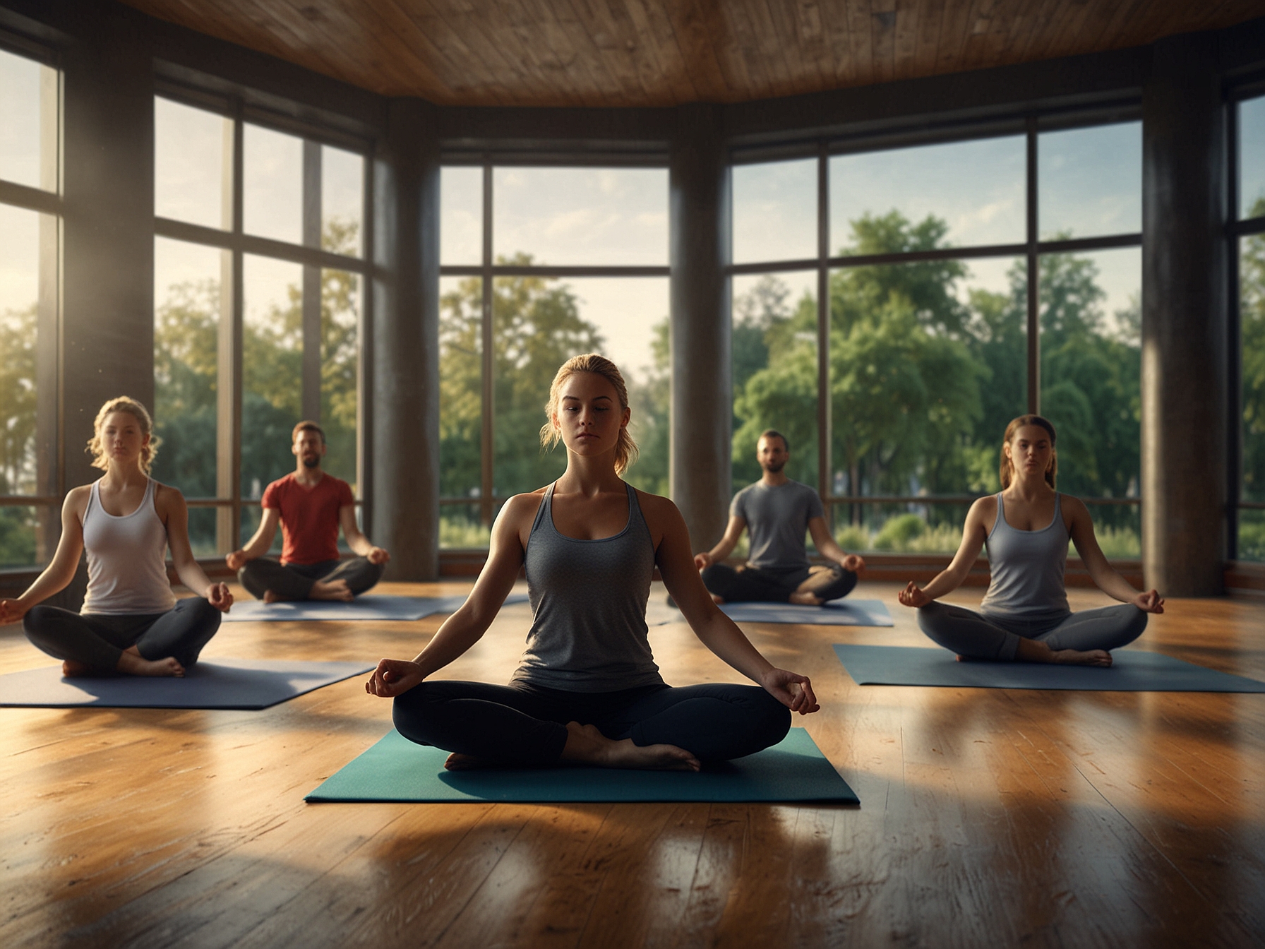 A group of people practicing yoga in a calm studio, highlighting the growing trend of mindfulness and wellness activities for achieving mental tranquility.