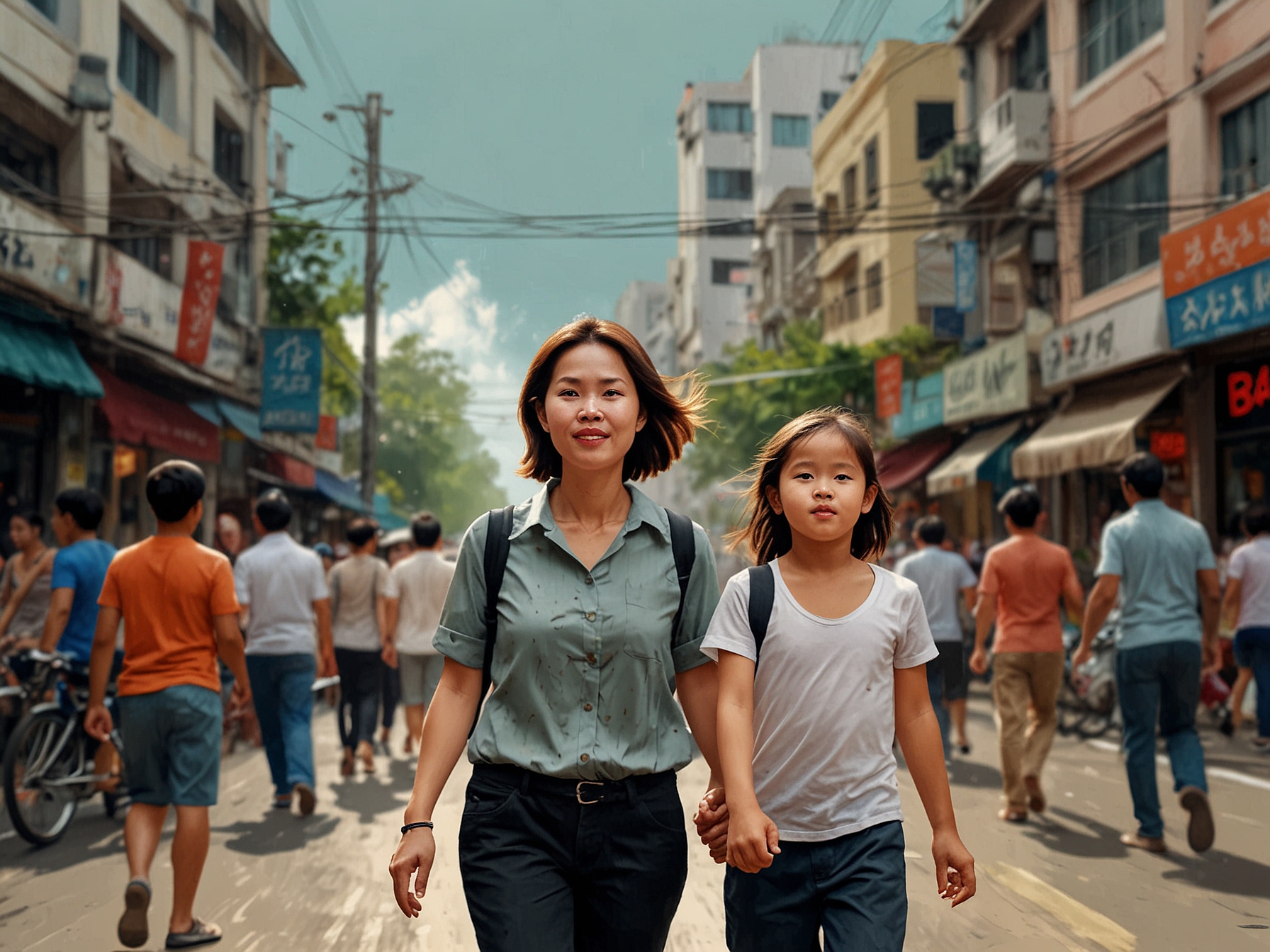 A busy street in Saigon with a mother holding her child's hand while rushing around. The expressions show determination amidst the city's chaos.