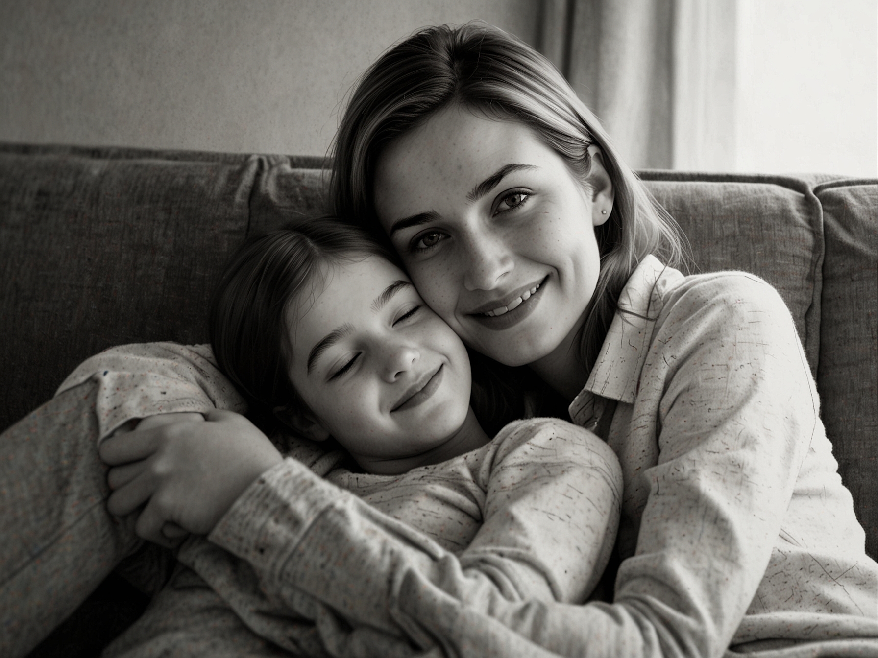 A mother and daughter sharing a tender moment on a cozy couch, the daughter resting her head on her mother's shoulder, both smiling with contentment.