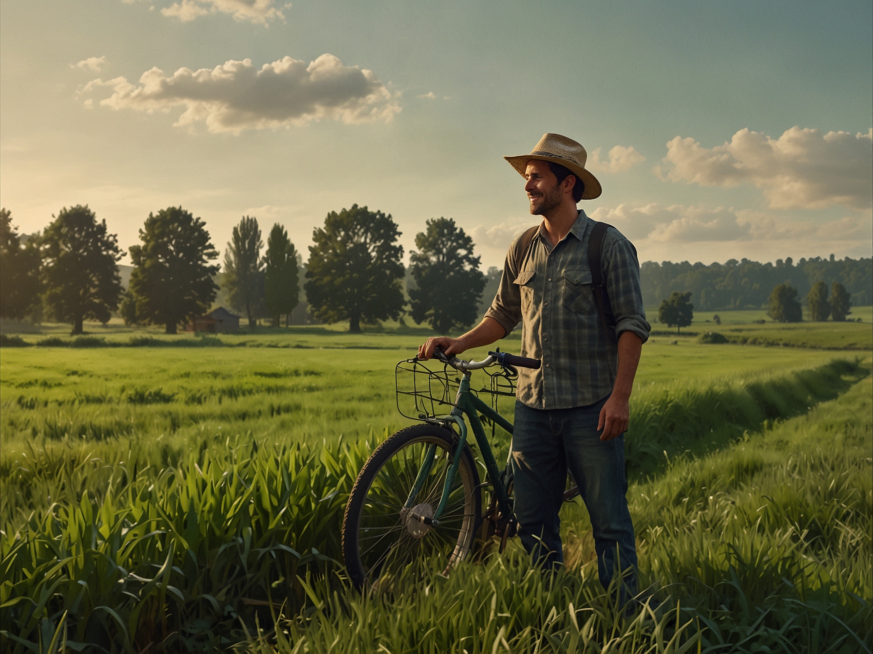 A young farmer with a worn-out bicycle in a lush green field, embodying resilience and hope, as he tirelessly tends to his crops with thoughts of his joyful family.