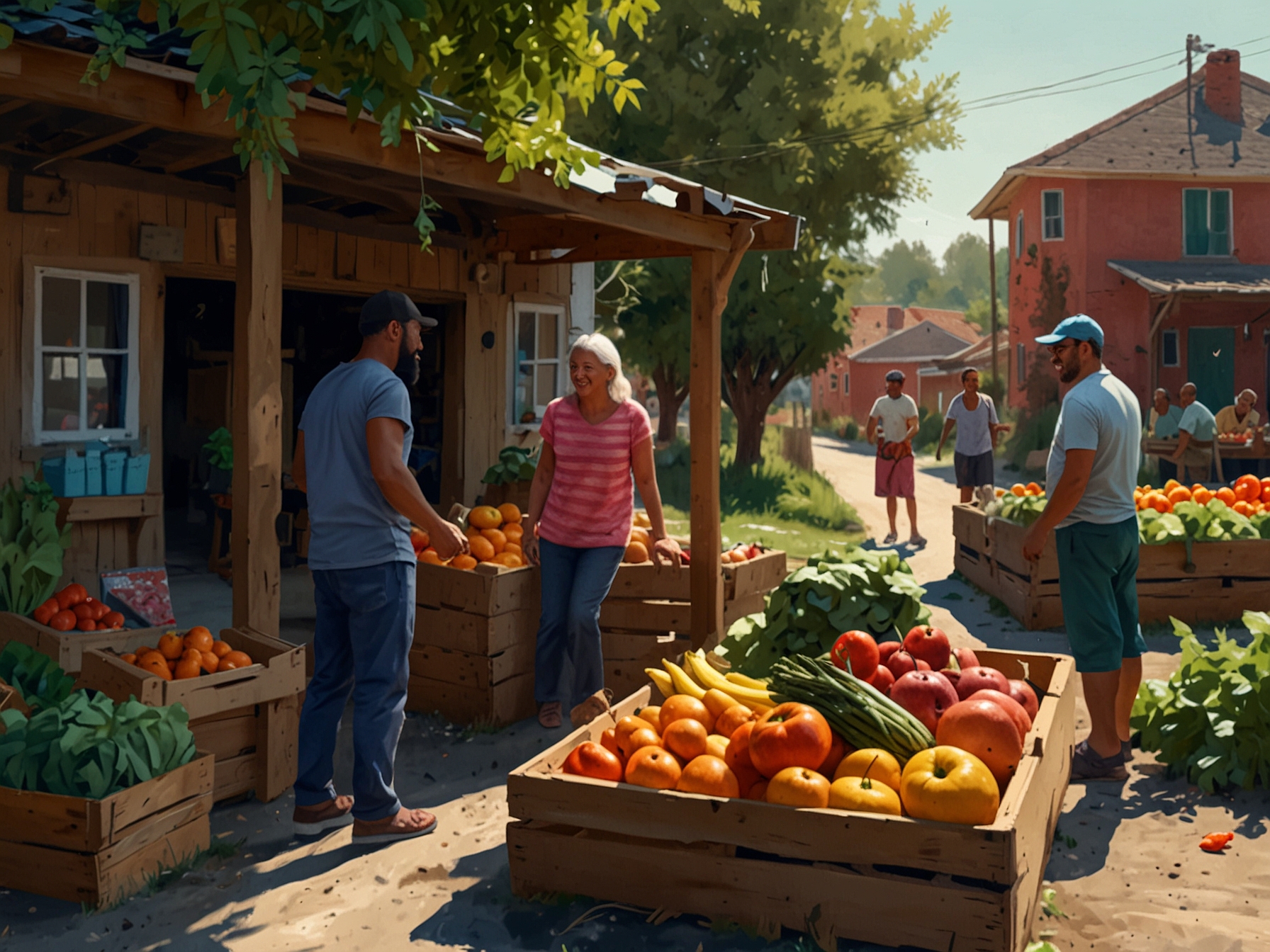 A vibrant community scene where neighbors share fresh produce in a small village, symbolizing solidarity and generosity amid post-pandemic recovery efforts.