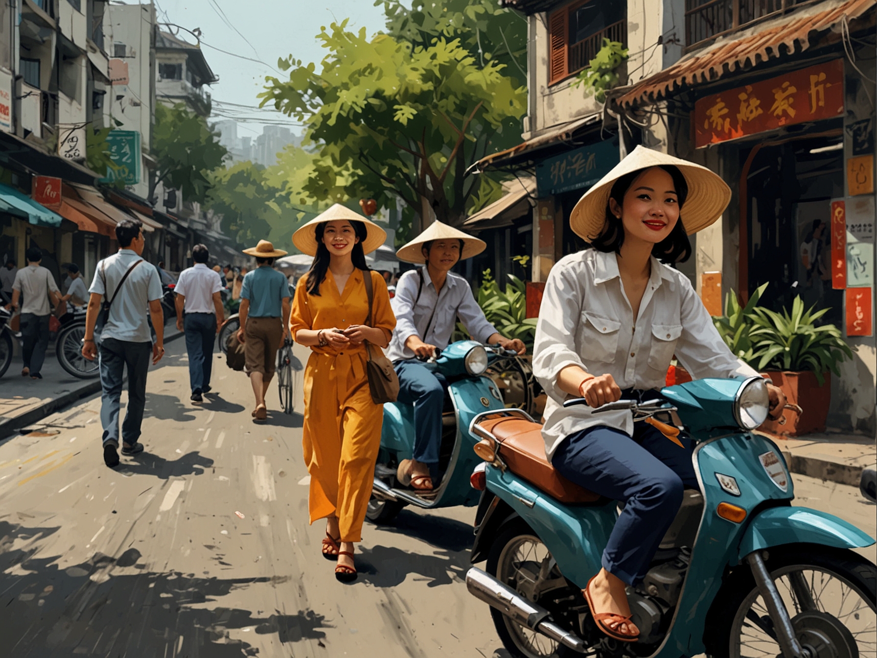 A bustling street scene in Hanoi or Saigon where young designers draw inspiration from the lively urban atmosphere to create unique fashion pieces.