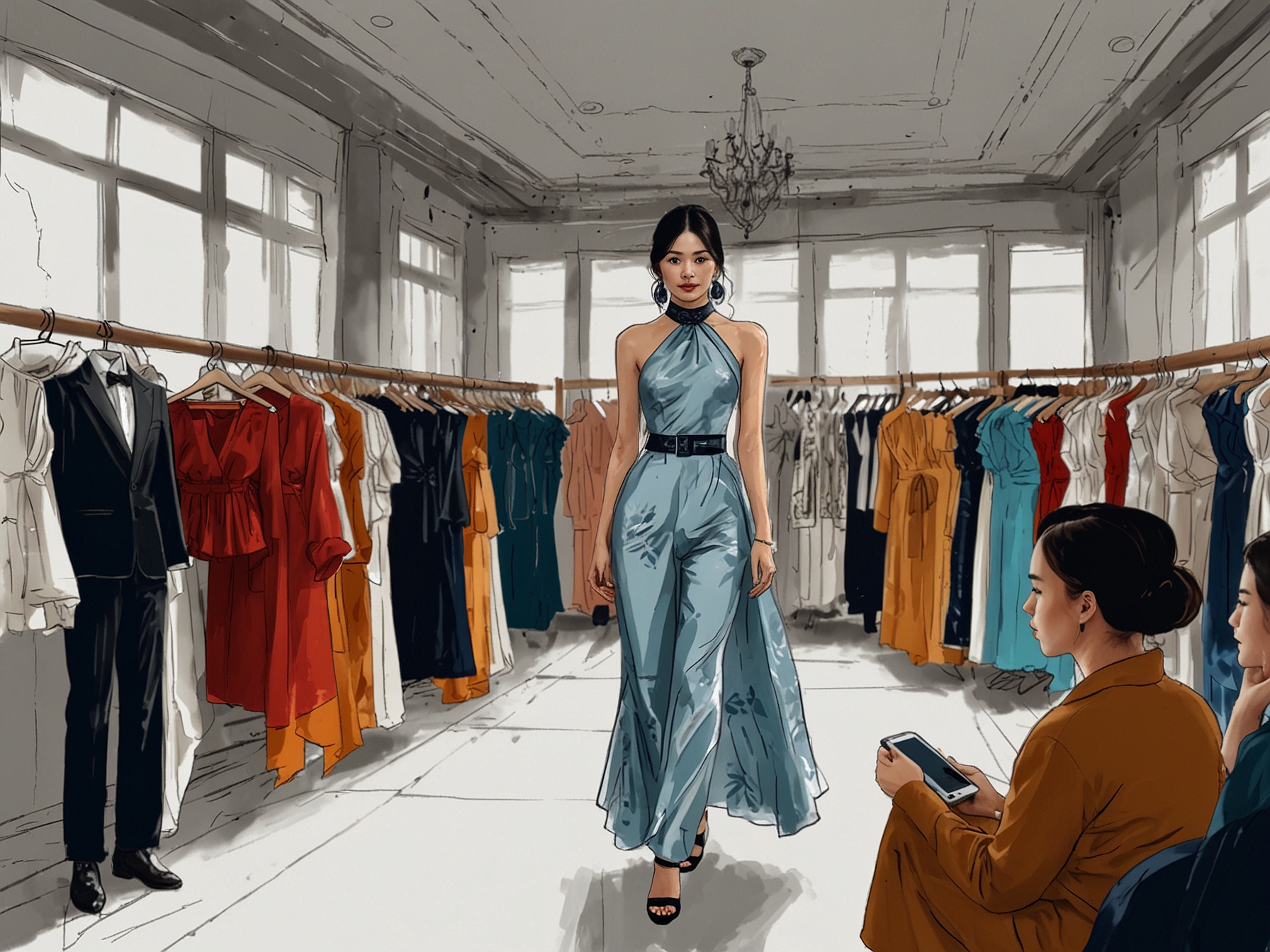 An online fashion show streaming live on social media platforms, celebrating the global reach and digital engagement of Vietnamese fashion through technology.