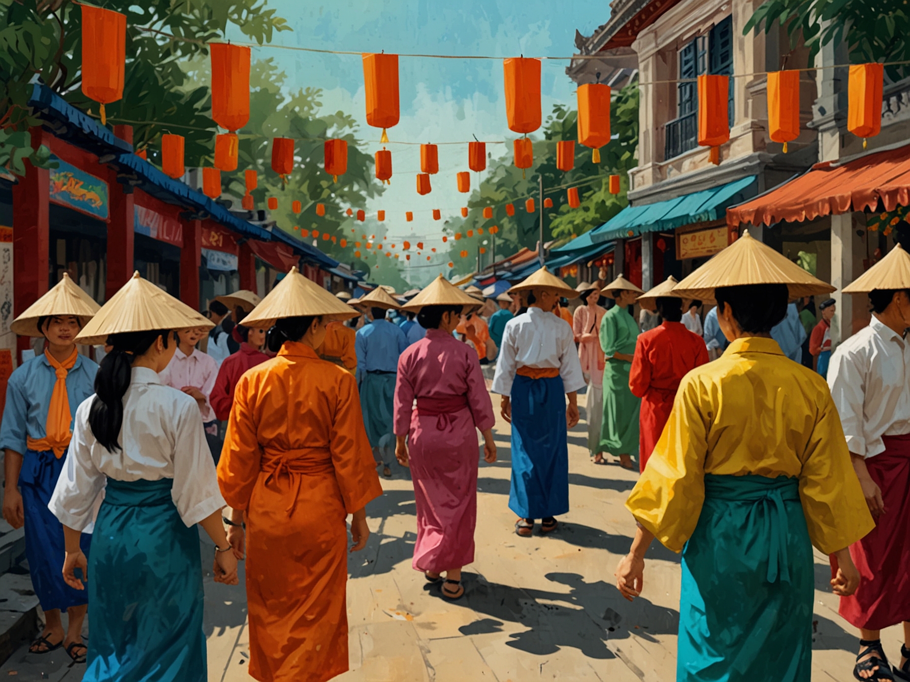 A colorful festival scene at the Lễ hội Âm nhạc Gió Mùa, showcasing the vibrant cultural exchange between Vietnamese and international artists.