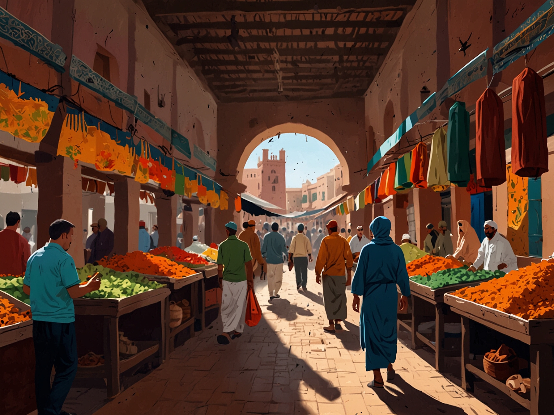 A vibrant and bustling scene at the traditional market in Marrakech, Morocco. The image captures the colorful stalls, exotic spices, and lively atmosphere.