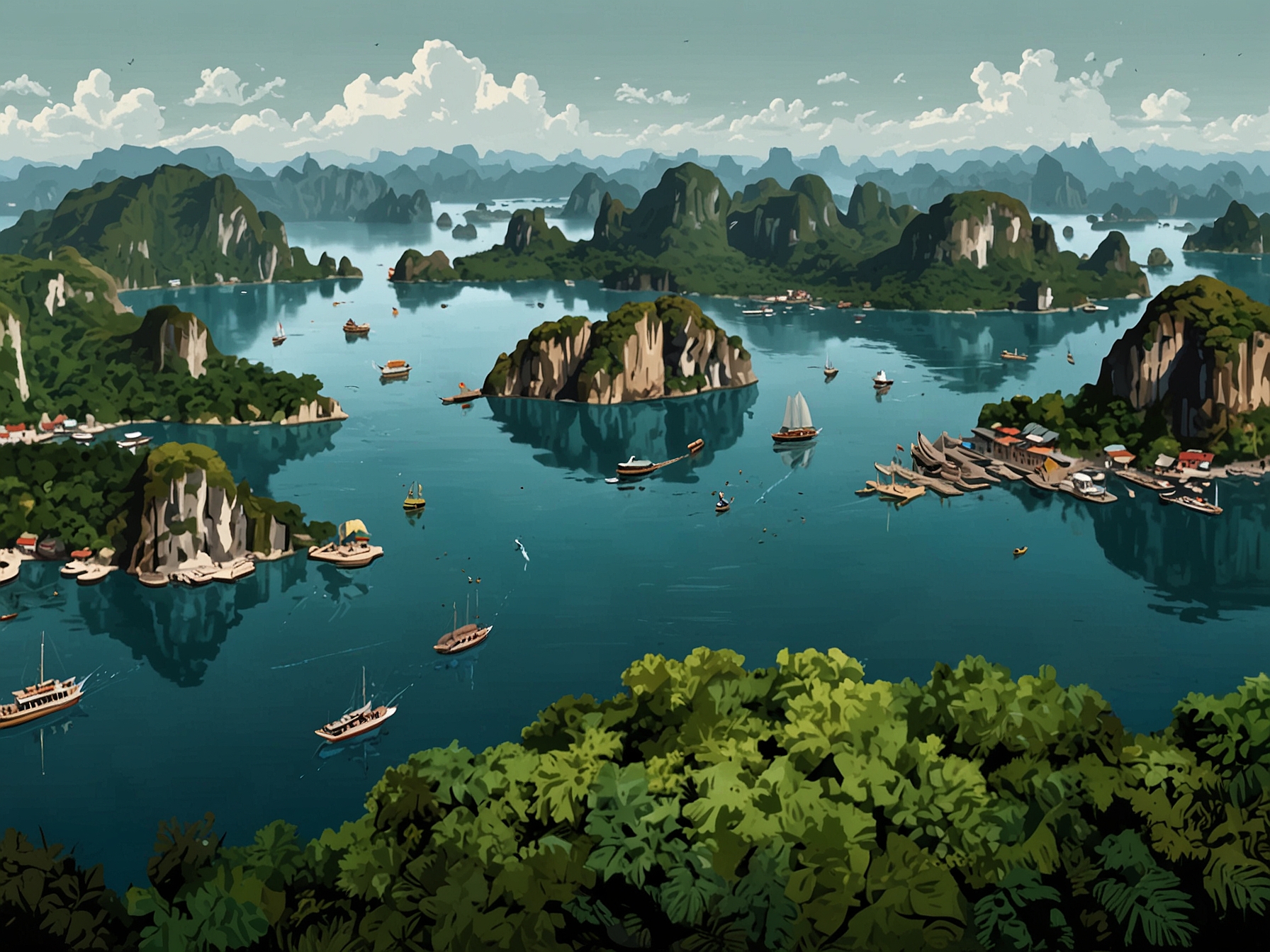 An aerial view of Ha Long Bay, Vietnam, highlighting the majestic limestone islands and emerald waters known as one of the New Seven Wonders of Nature.