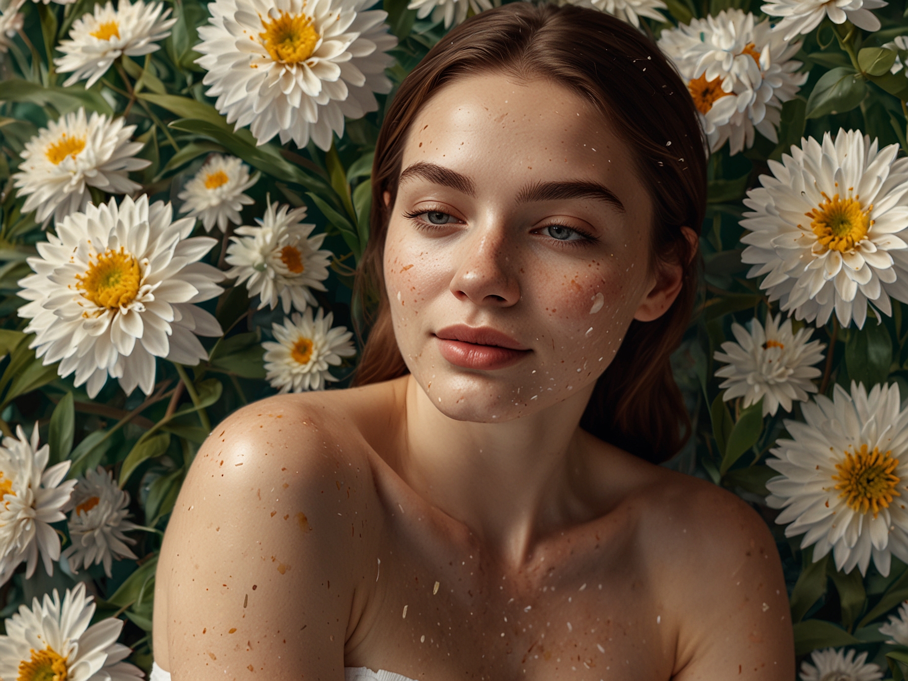 A woman performing a gentle exfoliation with a facial scrub during spring, surrounded by blooming flowers, representing skin renewal and freshness.