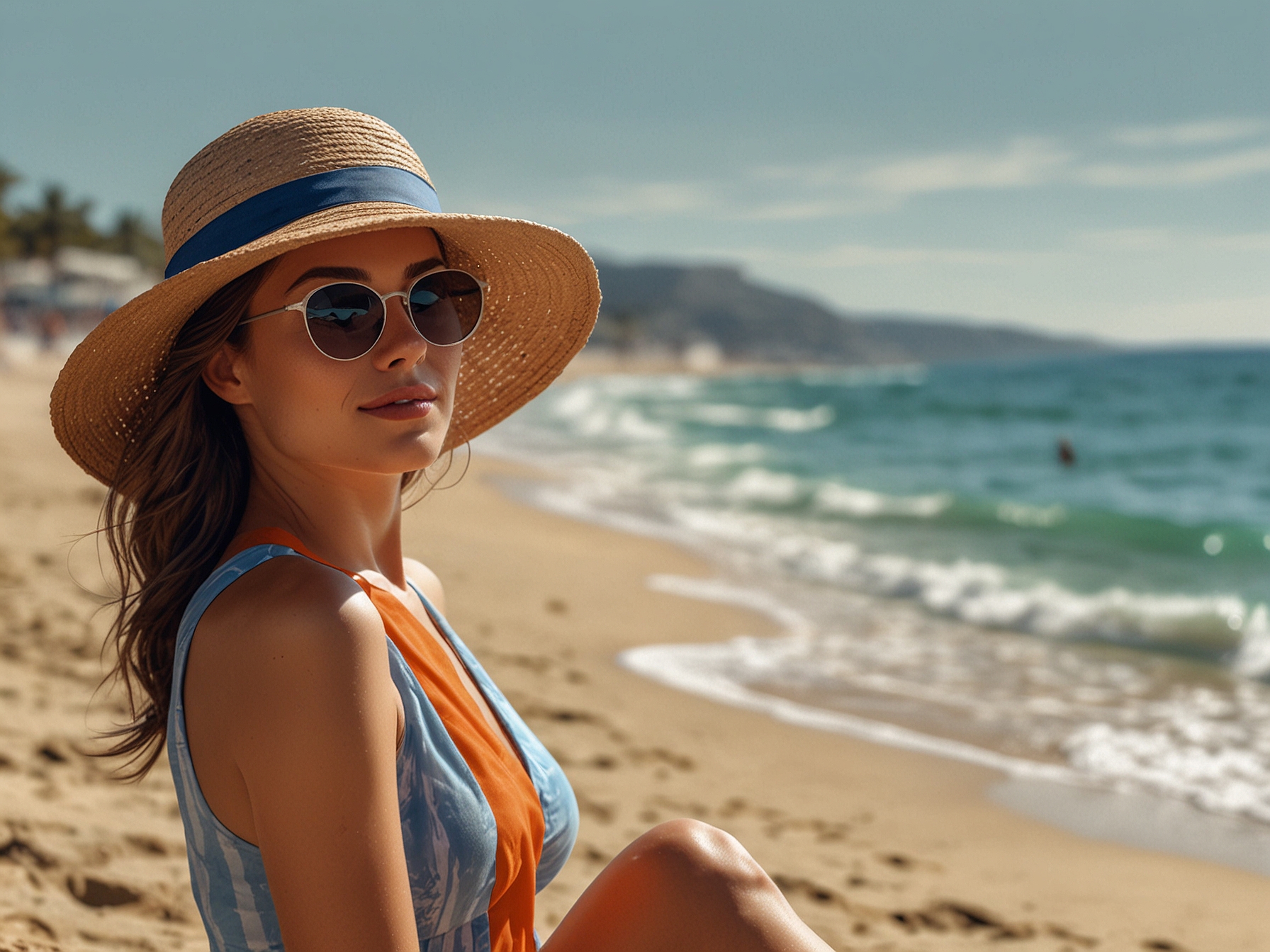 A model on a sunny beach applying high SPF sunscreen, illustrating the importance of skin protection against UV rays in summer, with a calm ocean in the background.