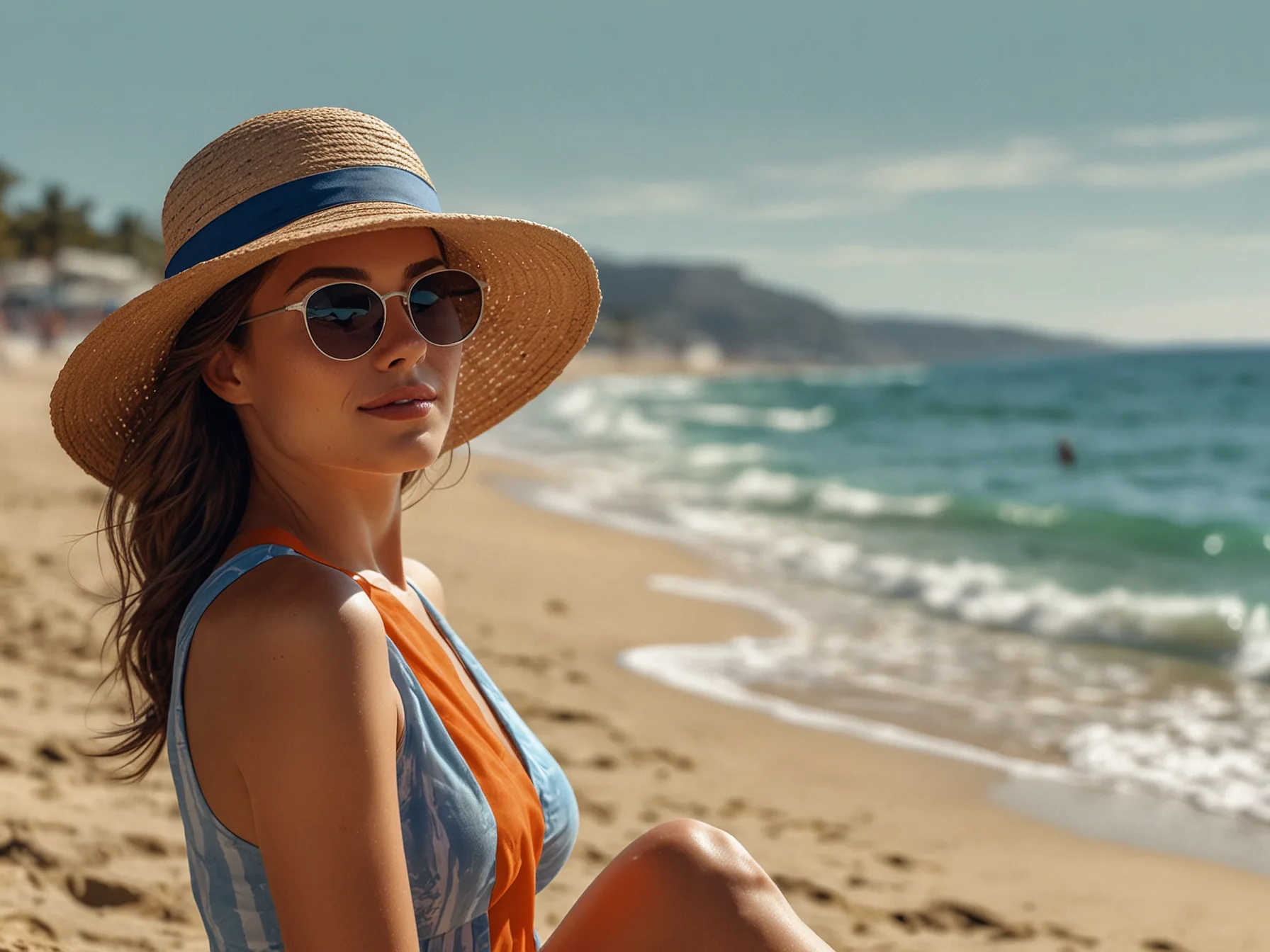 A model on a sunny beach applying high SPF sunscreen, illustrating the importance of skin protection against UV rays in summer, with a calm ocean in the background.