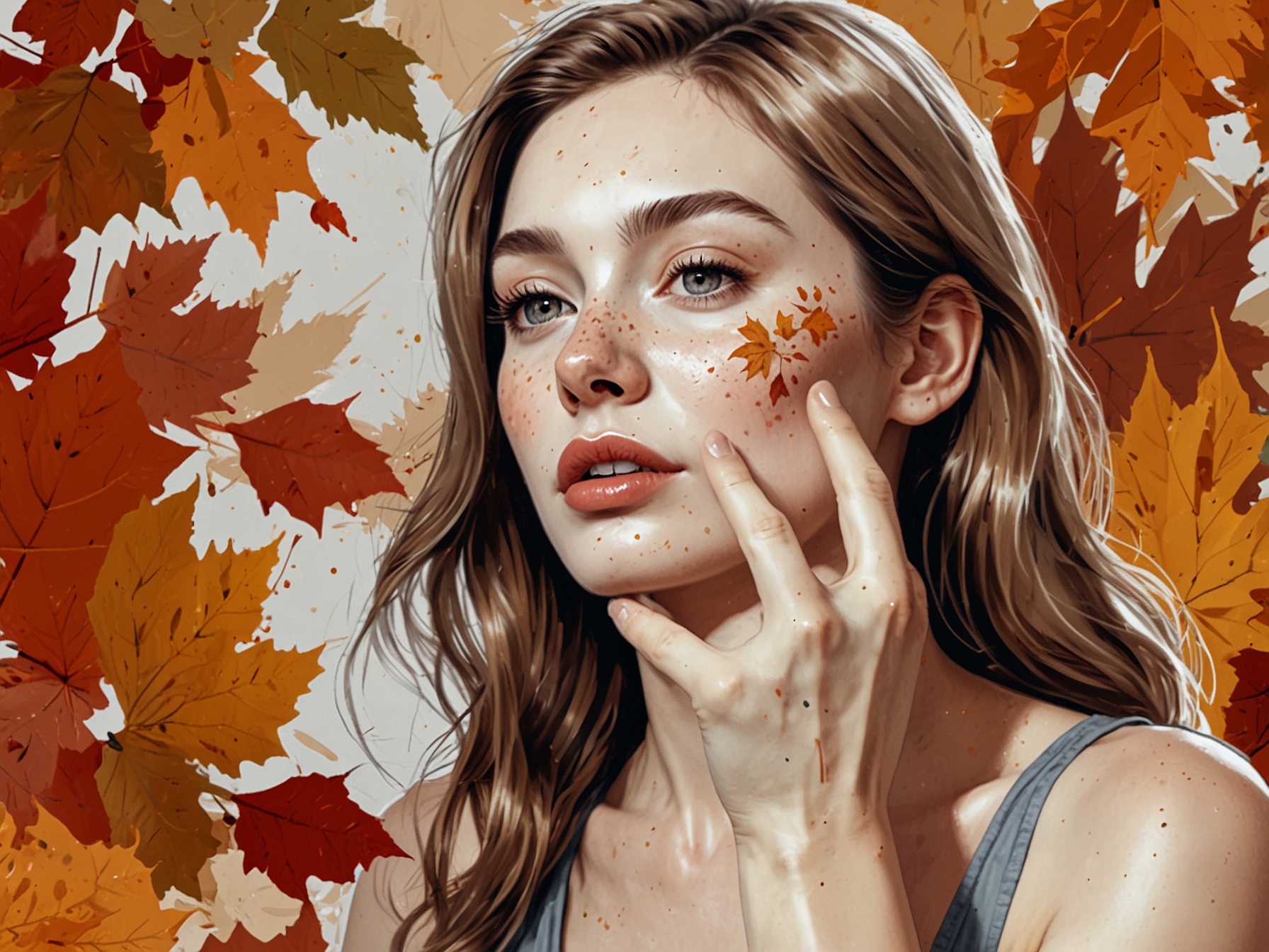 A person applying hydrating serum on their face during the crisp autumn, with colorful leaves falling, demonstrating the focus on moisture replenishment.