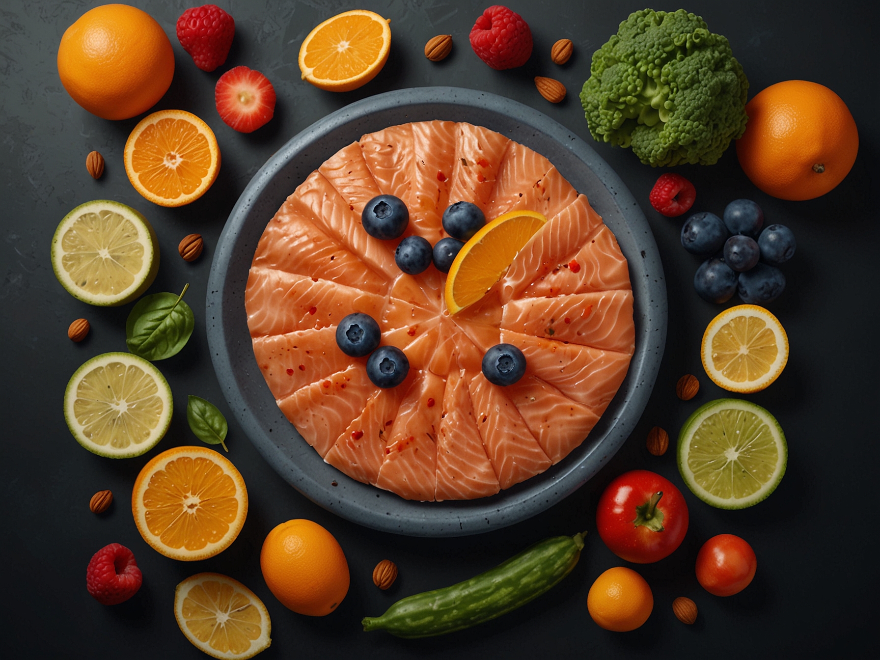 A flat lay of fresh fruits and vegetables rich in vitamins, with salmon and nuts, highlighting the essential role of nutrition for healthy skin and overall beauty.