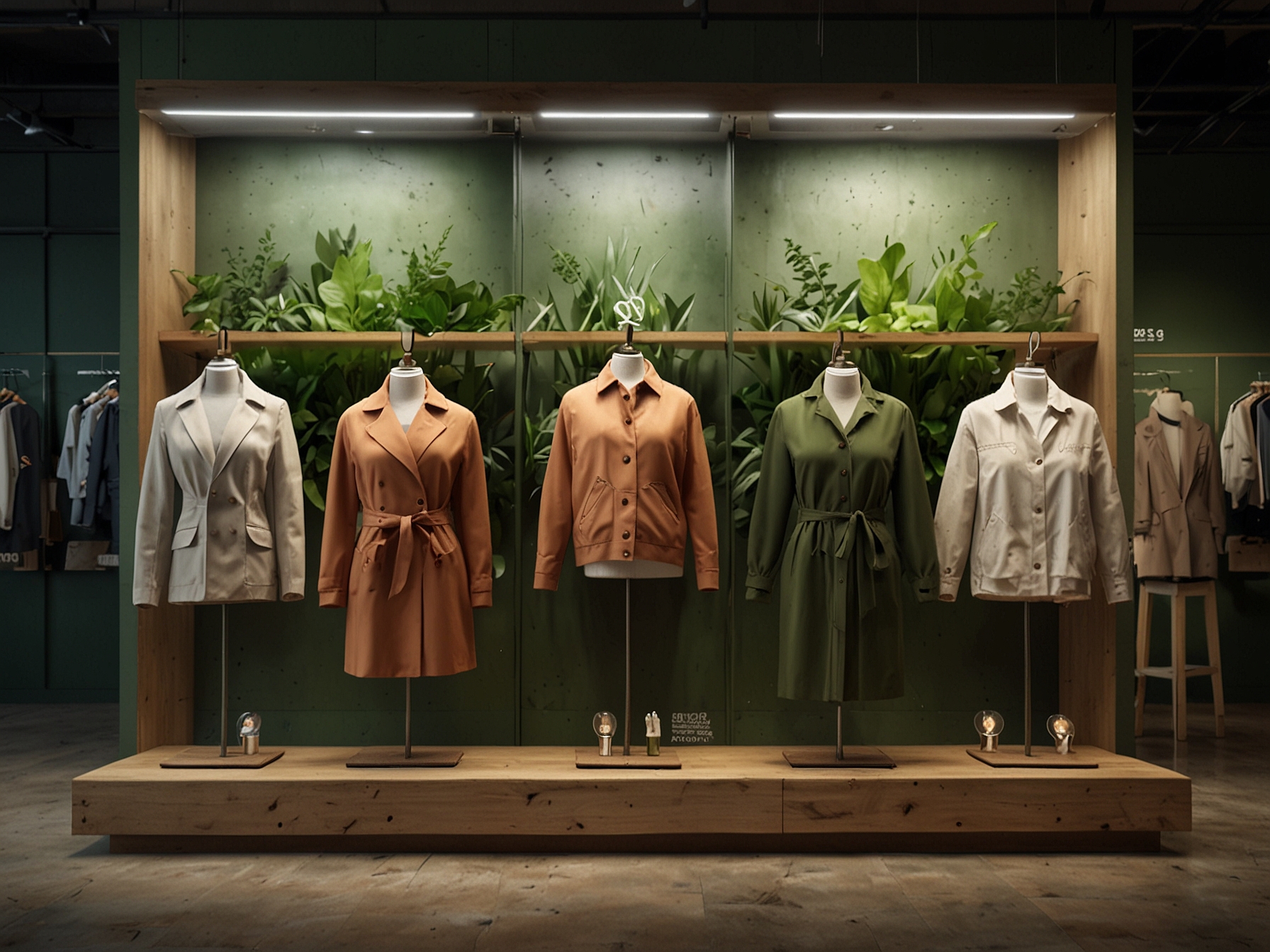 An eco-friendly clothing brand display with sustainable materials prominently featured, representing the growing awareness of environmental responsibility in fashion choices.