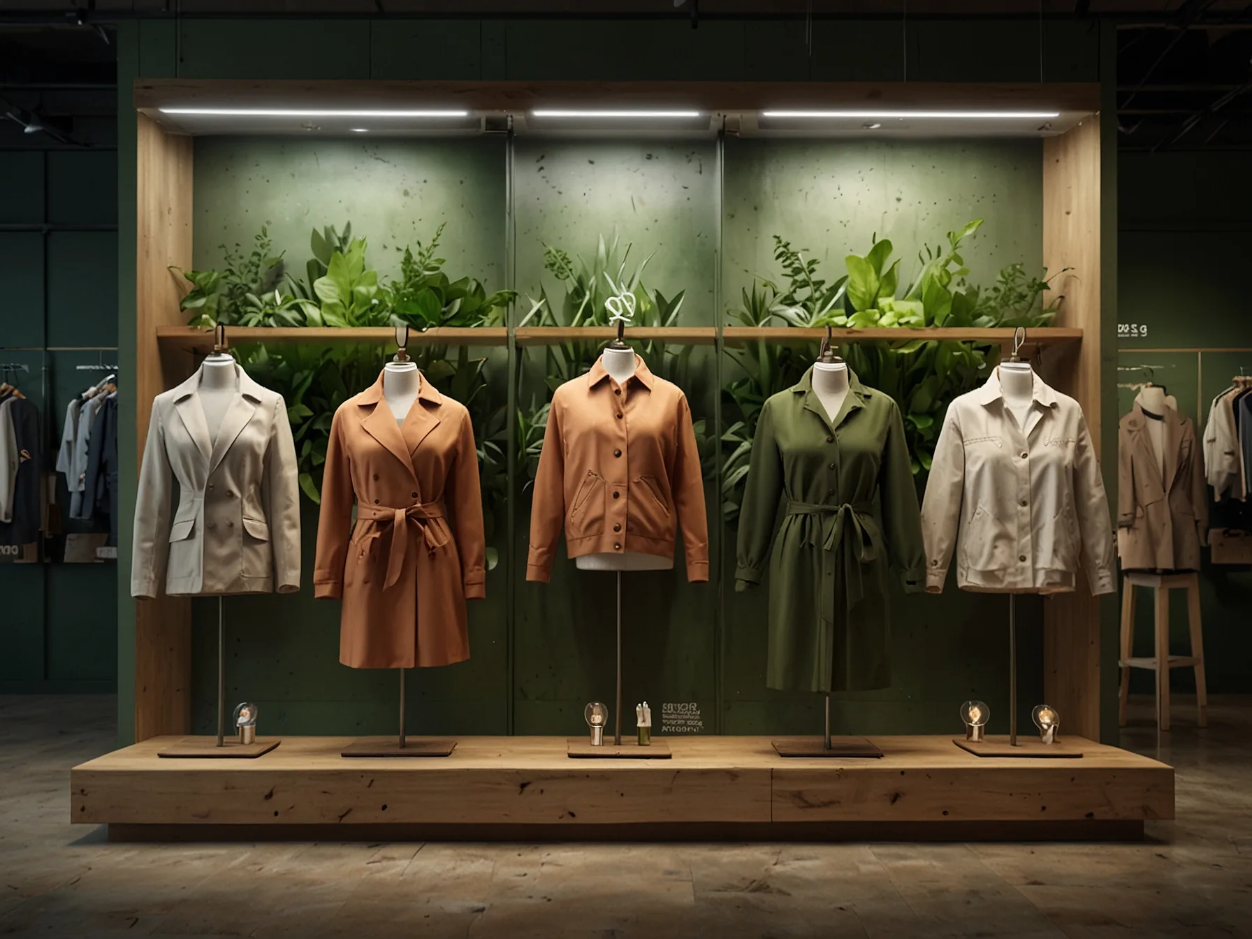 An eco-friendly clothing brand display with sustainable materials prominently featured, representing the growing awareness of environmental responsibility in fashion choices.