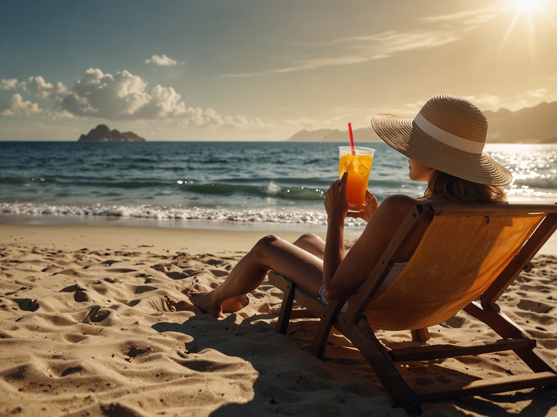 A sunny summer beach with a person applying sunscreen and enjoying a refreshing drink, highlighting the importance of sun protection and hydration during hot weather.