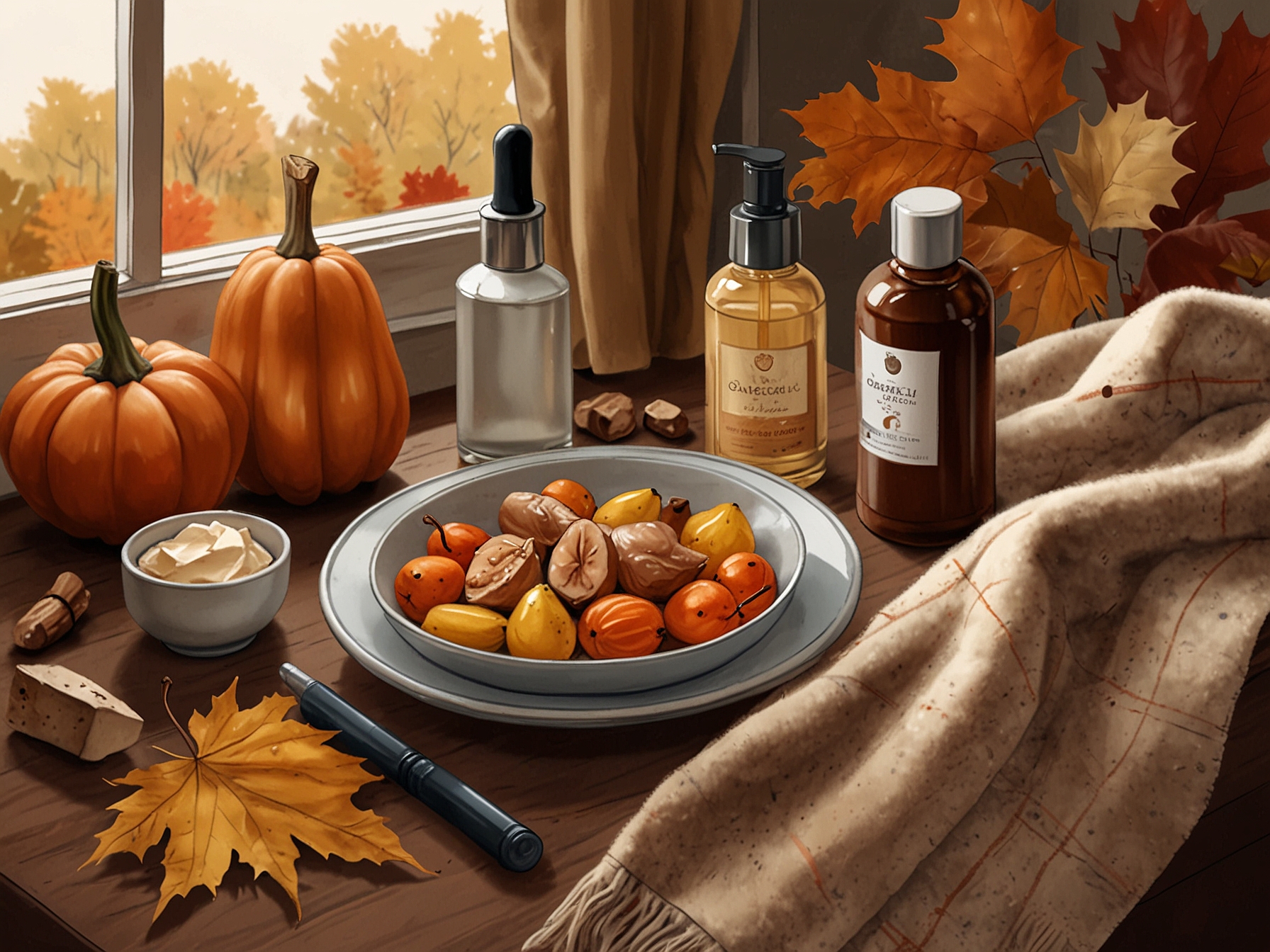 A cozy autumn setting with warm colors, featuring hydrating skincare products and a plate of omega-3 rich foods, illustrating nourishing skincare routines for fall.