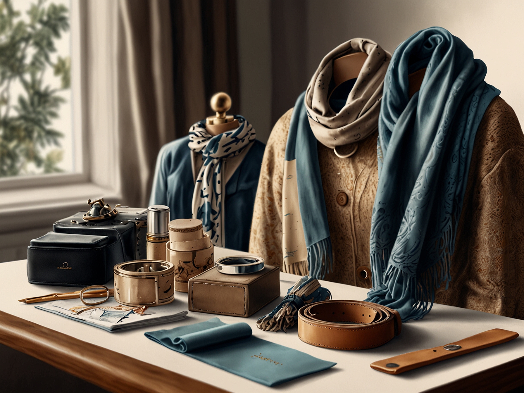 A close-up shot of stylish accessories, including belts and scarves, laid out on a dressing table, emphasizing how small details can enhance an overall outfit.