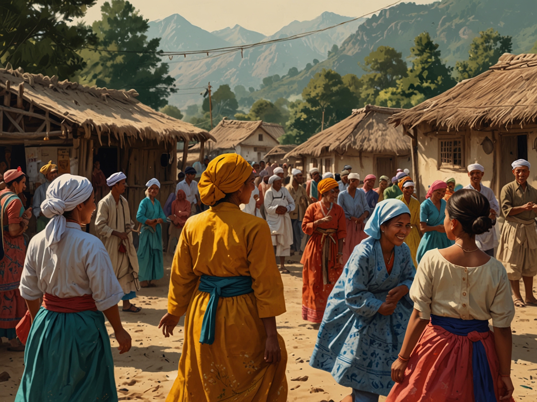 A picturesque view of a remote village festival, showcasing local people dressed in traditional attire, dancing and enjoying local delicacies, reflecting the joy of cultural exchange.