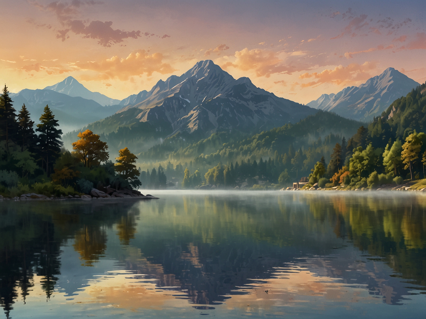 A serene moment by a tranquil lake during sunrise, with mist rising above the water and mountains in the background, symbolizing peace and the beauty of nature experienced during travel.