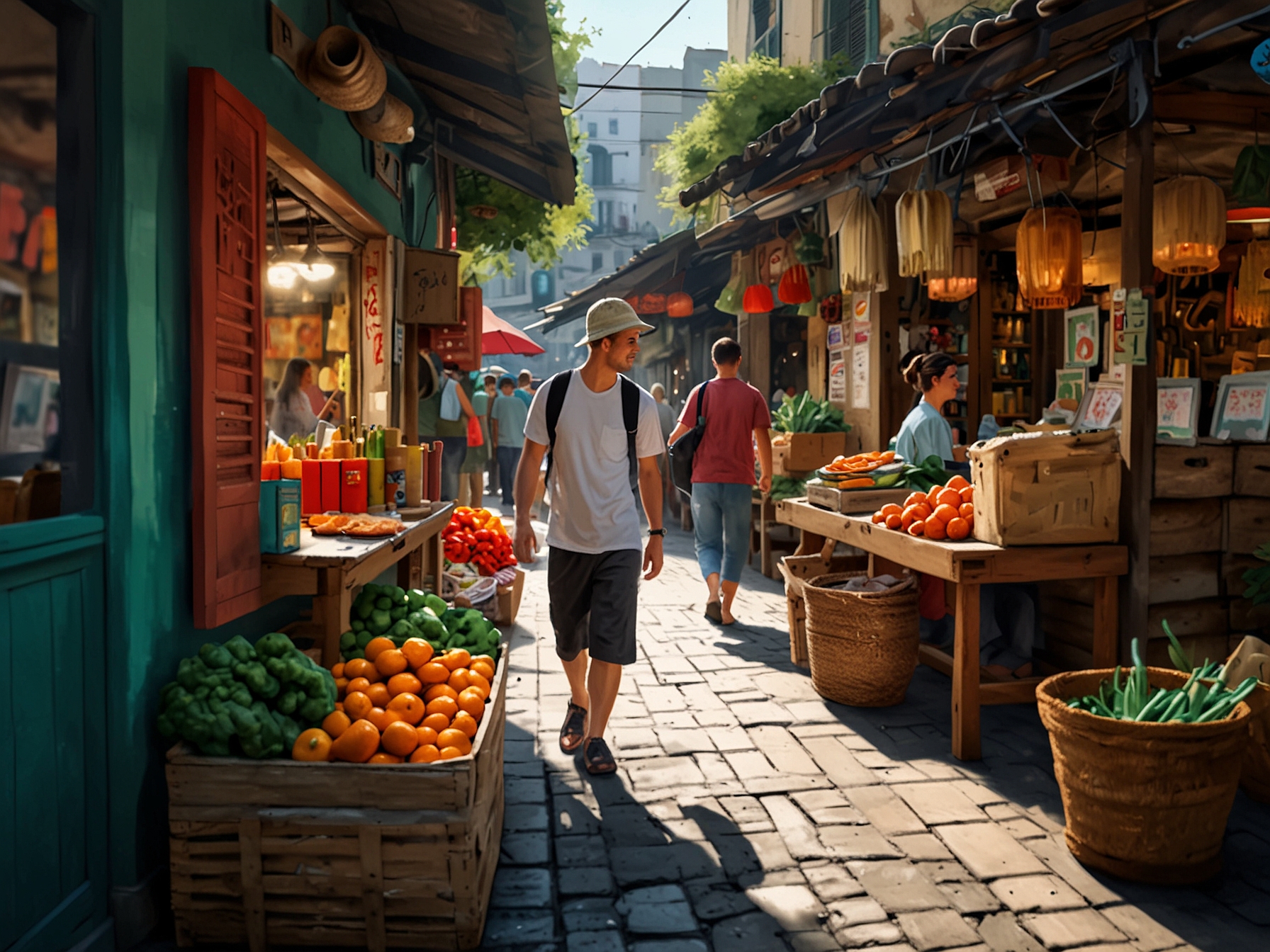 A traveler exploring a hidden gem, interacting with locals in a quaint market, filled with colorful crafts and aromatic street food, emphasizing the essence of immersive travel experiences.